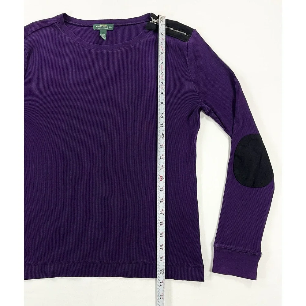 Lauren Ralph Lauren Women's L Purple Knit Shirt Shoulder Zip Suede Elbow Patch - Picture 4 of 9